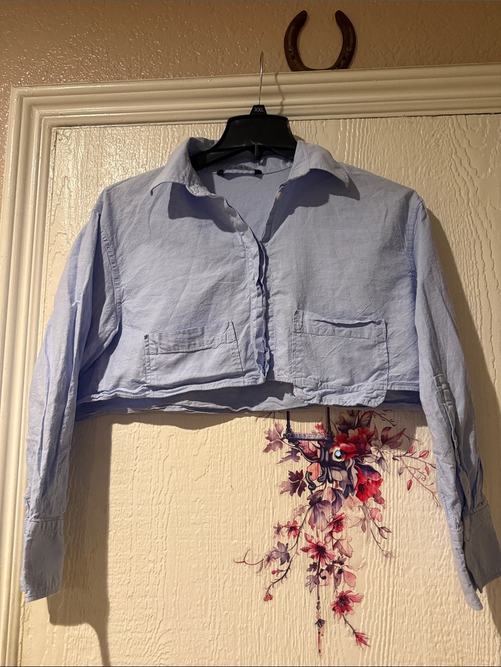 Zara Light Blue Cropped Button-Front Jacket